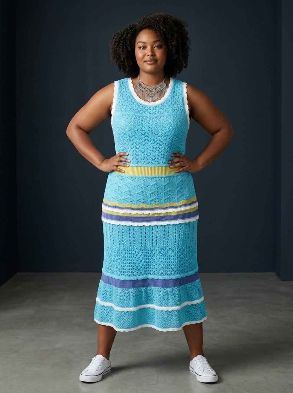 NWT Always Famous Knit Midi Dress XL Blue Colorblock Sleeveless Stretch Boho